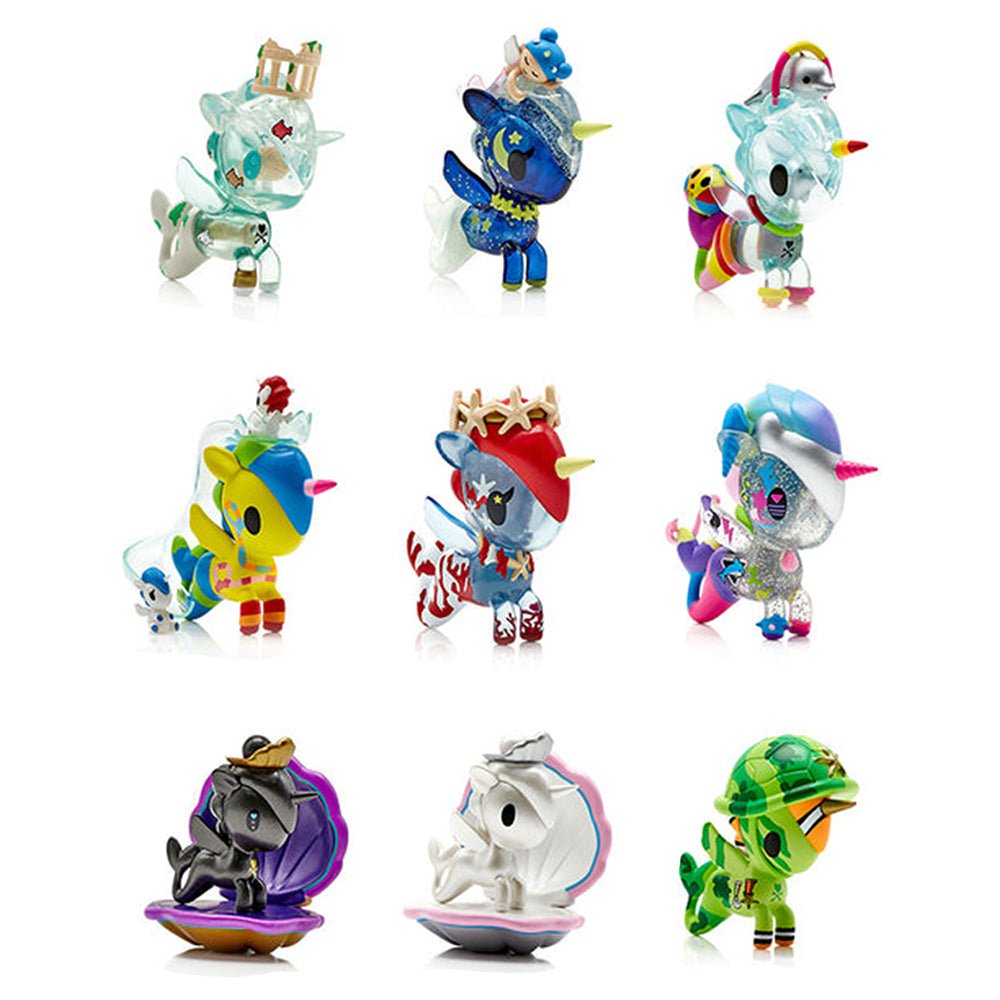 A collection of Mermicorno Series 7 Blind Box pony figurines by tokidoki, all displayed on a white background.