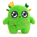 A Mossy the Moss Spirit Plush by Mumbot with big eyes perfect for camping trips.