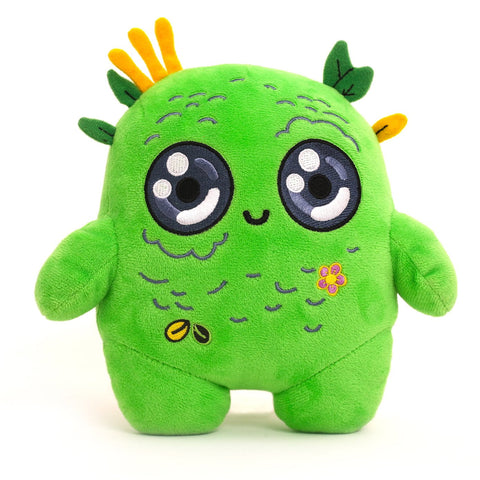 A Mossy the Moss Spirit Plush by Mumbot with big eyes perfect for camping trips.