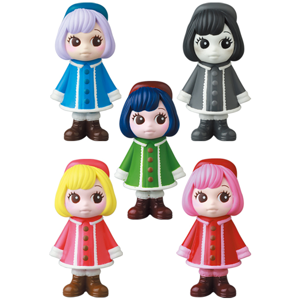 A group of Medicom's VAG 31 β Uramy and Tsurami figurines with colorful hair and clothes.