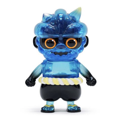 A clear blue How2Work (HK) Oniki figurine with black hair and eyes sits on the shelf.