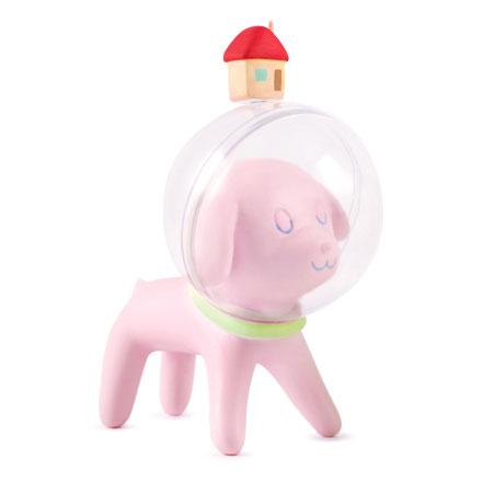 A pink Puppy Tang toy dog from the Little Forest series with a house on its head by AICHIAILE (CN).