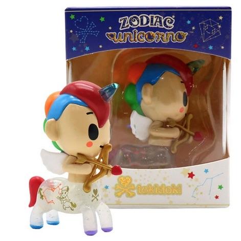 A Zodiac Unicorno - Sagittarius figurine in a box, inspired by tokidoki's Zodiac Unicorno series.