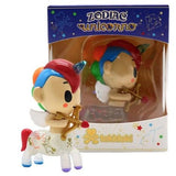 A Zodiac Unicorno - Sagittarius figurine in a box, inspired by tokidoki's Zodiac Unicorno series.