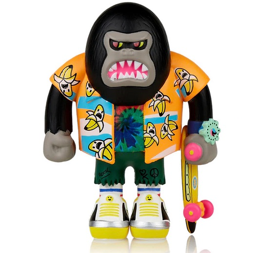 A gorilla figure from the Tokimondo Series 2 Blind Box from tokidoki holding a skateboard.