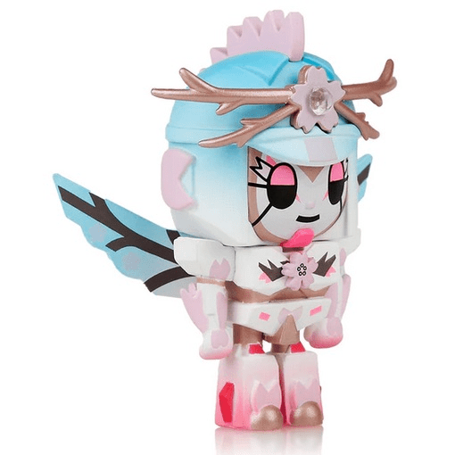 A limited edition Tokimondo Series 2 Sakura Samurai - Limited Edition toy figure in a pink and white outfit, inspired by the Sakura Samurai.