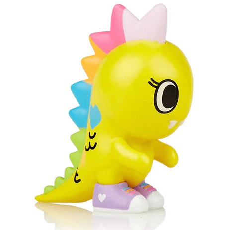 A yellow toy dinosaur with colorful hair from the Tokimondo Series 2 Blind Box by tokidoki.