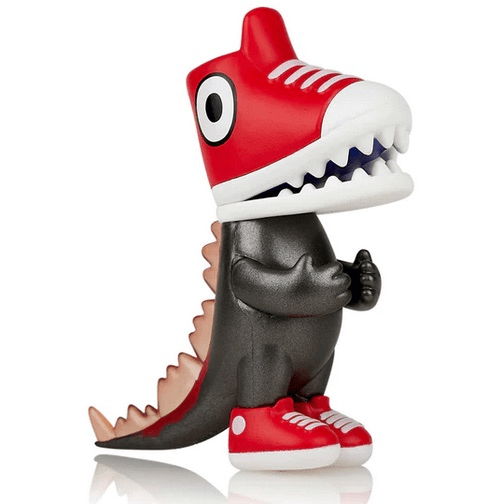 A figurine of a red and black dinosaur from the Tokimondo Series 2 Blind Box with sneakers by tokidoki.