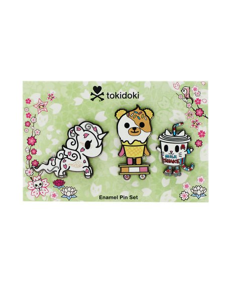 Tokidoki Hanami Picnic enamel pin set featuring unicorns.