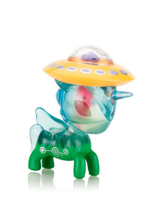 A tokidoki Unicorno After Dark Series 3 Blind Box toy pony with a green hat on its head.