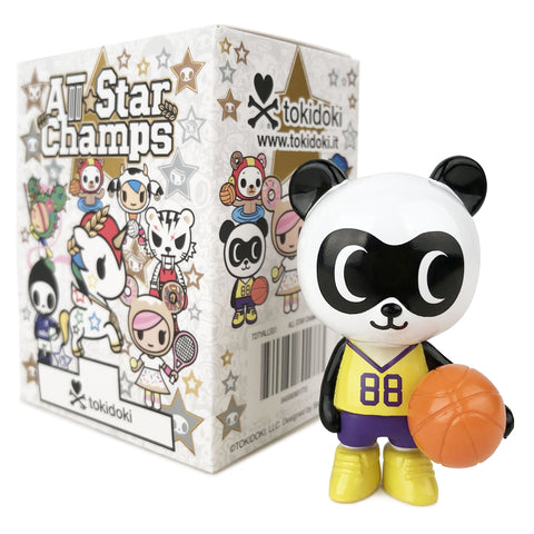 A tokidoki All Star Champs Blind Box panda figurine with a basketball ball in front of a box.