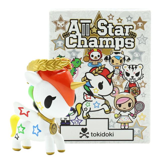 A box with an All Star Champs Blind Box by tokidoki unicorn figurine inside.
