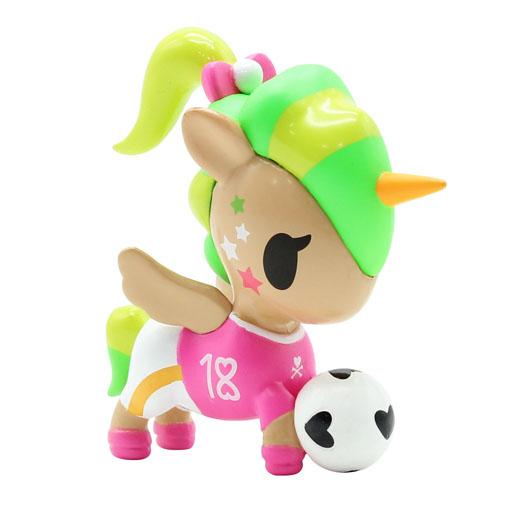 A sports-themed toy unicorn is holding a soccer ball from the All Star Champs Blind Box by tokidoki.