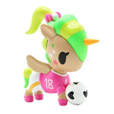 A sports-themed toy unicorn is holding a soccer ball from the All Star Champs Blind Box by tokidoki.
