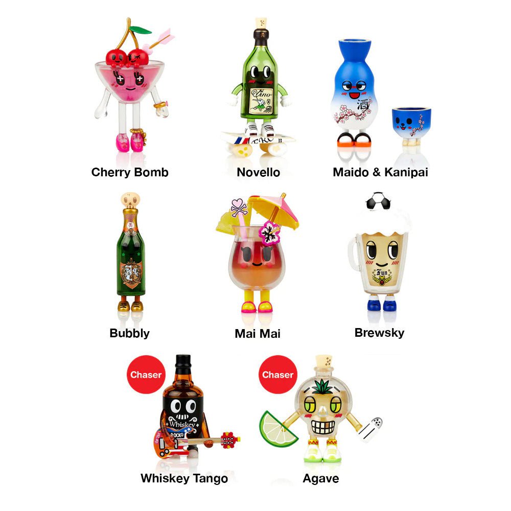 A collection of Boozy Besties Blind Box bottles featuring various characters by tokidoki.