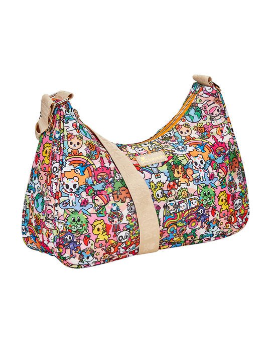 A colorful Stay Groovy Everyday Shoulder Bag with several tokidoki characters.