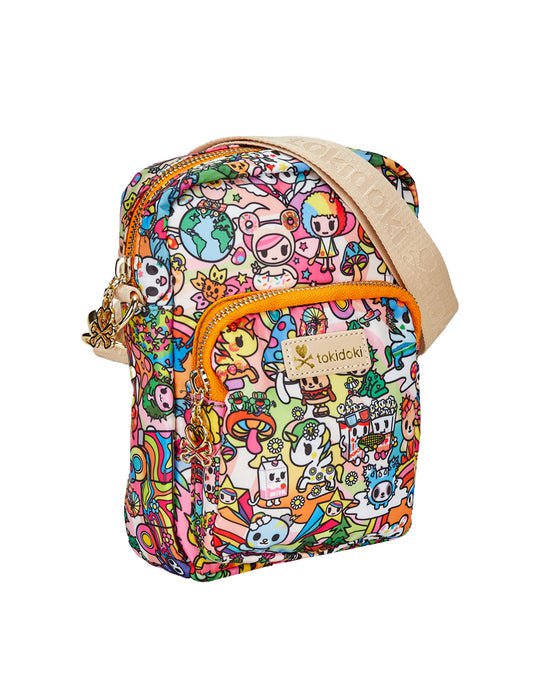 This Stay Groovy Mini Crossbody bag features cute tokidoki characters and adjustable straps for comfort.