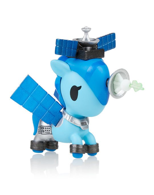 A blue toy pony inspired by Space Unicorno Blind Box with a satellite in its mouth. (Brand Name: tokidoki)