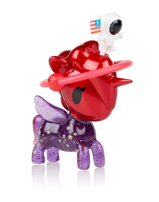 A Space Unicorno Blind Box toy with a red head and a space helmet, inspired by astronauts.