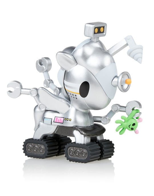 A silver Space Unicorno Blind Box with a robot on it, from the tokidoki collection.