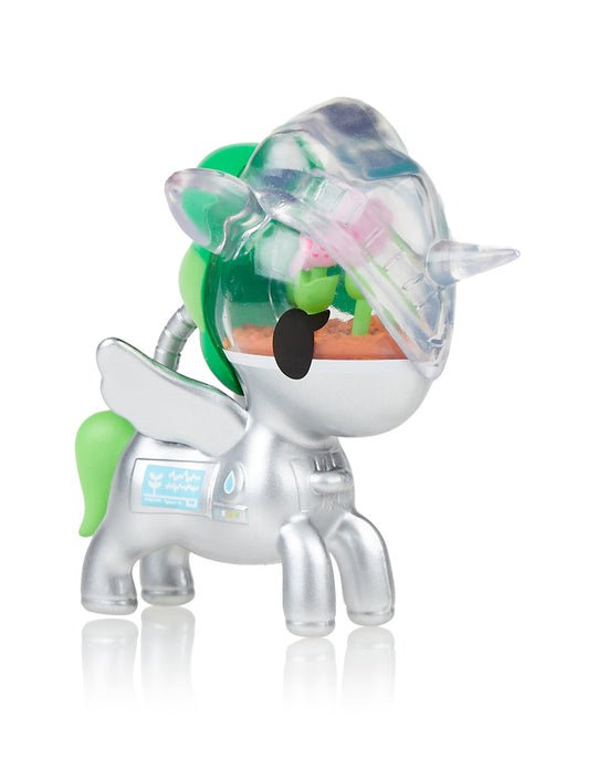 A tokidoki Space Unicorno Blind Box toy unicorn with a helmet on its head, inspired by Space Unicornos.