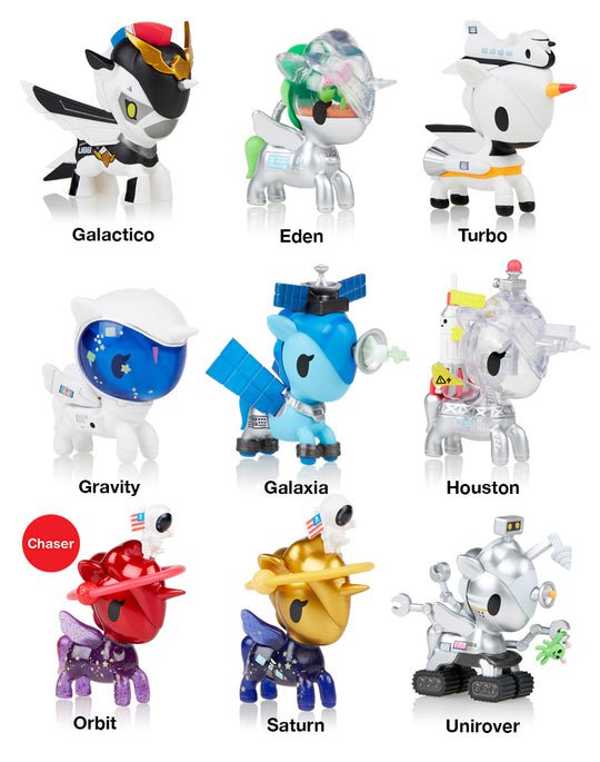 A group of tokidoki Space Unicorno Blind Box toys with different characters on them.
