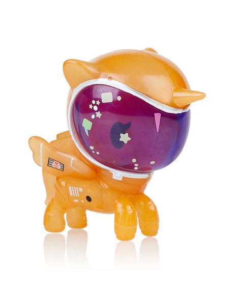 A tokidoki Space Unicorno toy orange unicorn with a purple helmet.
