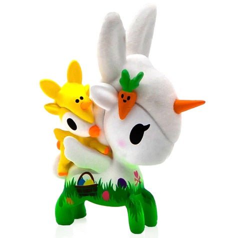 A collectible stuffed animal with a Usagi and Lil' Hopper Easter Unicorno bunny on its back by tokidoki.
