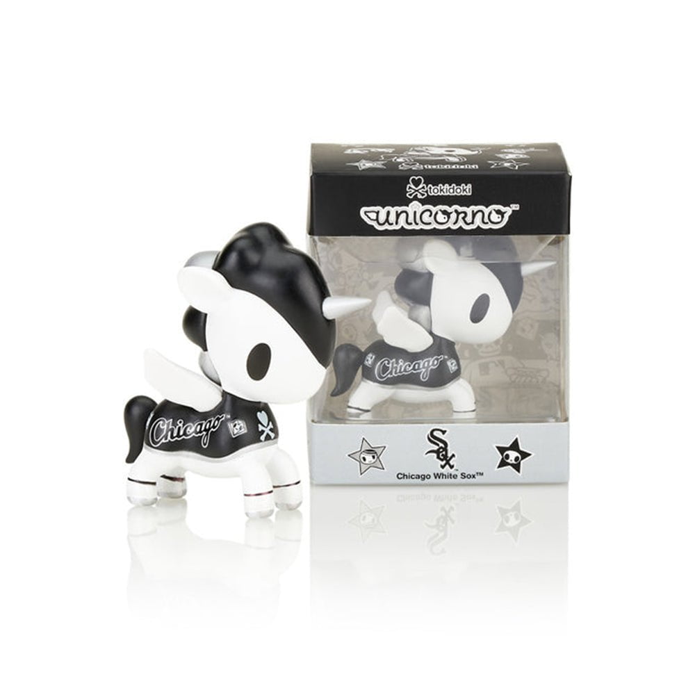 A black and white tokidoki x MLB Chicago White Sox Unicorno 2022 toy, perfect for Chicago pride, inside a box.