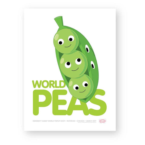 An illustration of three smiling green peas in a pod appears above "World Peas" on the Kidrobot World Peas Yummy World Limited Edition Poster—playful wall art to brighten any space.