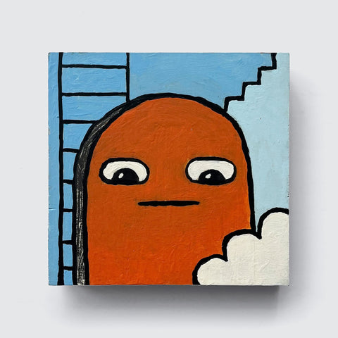 A cartoon character with large eyes is featured in "Looky Loo 15" by Shawn Smith (EX122024-18), standing against a blue background adorned with ladder-like lines and a white cloud, available from Rotofugi.