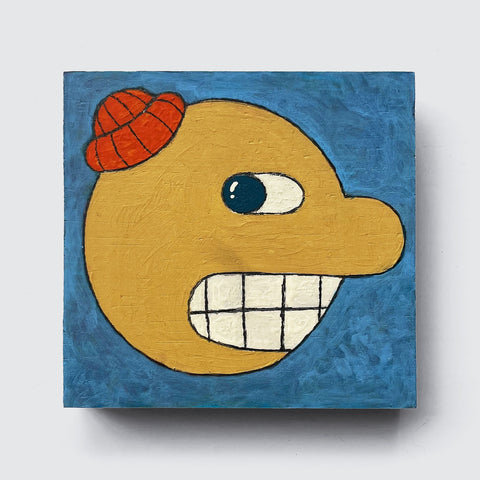 The product "Carl Variation 1" by Shawn Smith, offered by Rotofugi, features a painting of a cartoonish face with a large eye and showing teeth, wearing a red beanie against a blue background.