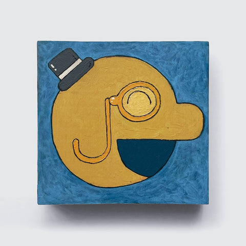 The image features "Carl Variation 3" by Shawn Smith, showcasing a stylized face sporting a monocle and top hat, painted in yellow and blue upon a square blue backdrop. This artwork is part of Rotofugi's collection.