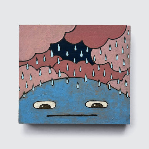 The artwork "Mind Dweller 2" by Shawn Smith, offered by Rotofugi, features a blue face with a neutral expression beneath clouds in shades of pink and red with raindrops descending.