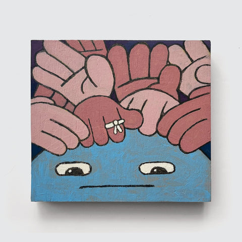 The artwork "Mind Dweller 4" by Shawn Smith, offered by Rotofugi (Product ID: EX122024-35), features a cartoonish blue face with wide eyes, encircled by several pink hands reaching toward it against a simple background.