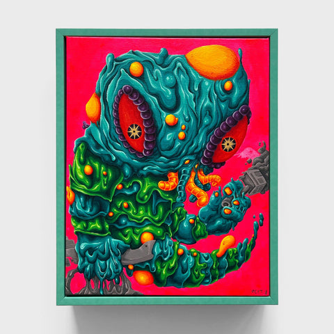 Hedorah’s End by Peet Sketches (EX102025-44) from Rotofugi features a surreal creature with large red eyes, green and blue textured skin, and orange accents on a bright pink background in a green frame.
