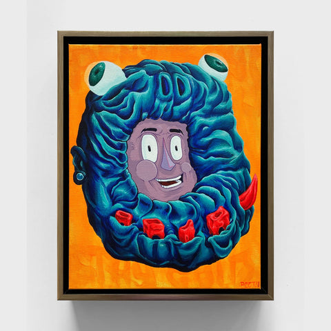 Compensation by Peet Sketches (EX102025-52) from Rotofugi is a framed painting featuring a cartoonish face, large eyes atop blue textured coils, red cubes, and an orange background.