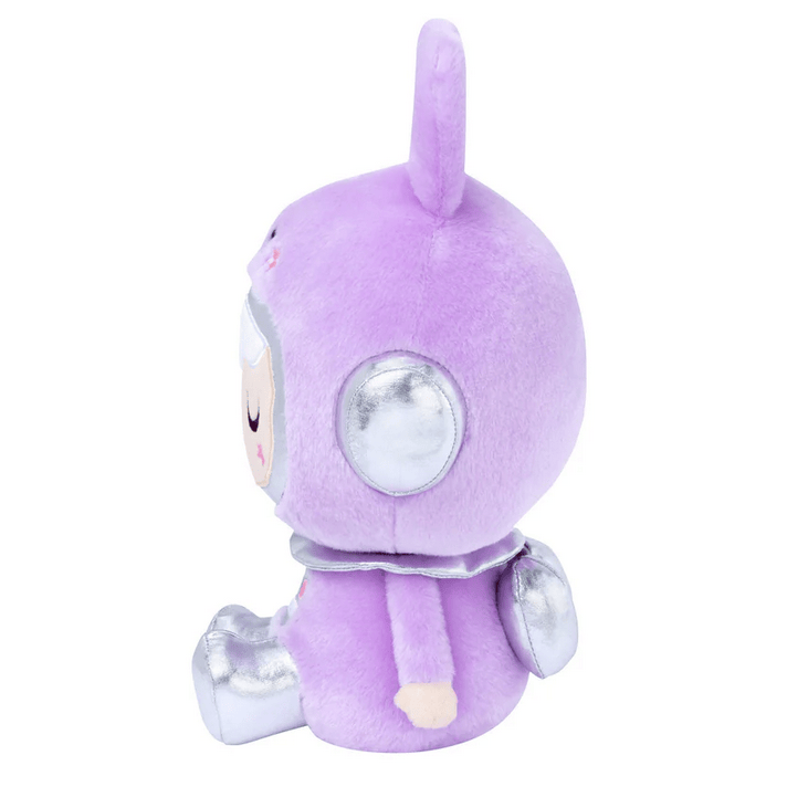 Side view of the Momiji Astro Hop - Out of This World Large Plush, a cuddly galactic bunny with silver ears, boots, and backpack, round head, and closed eyes.