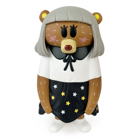 The Don't Look Bear figurine by How2Work (HK) features a bear with gray hair, dressed in a white top and black skirt adorned with stars.