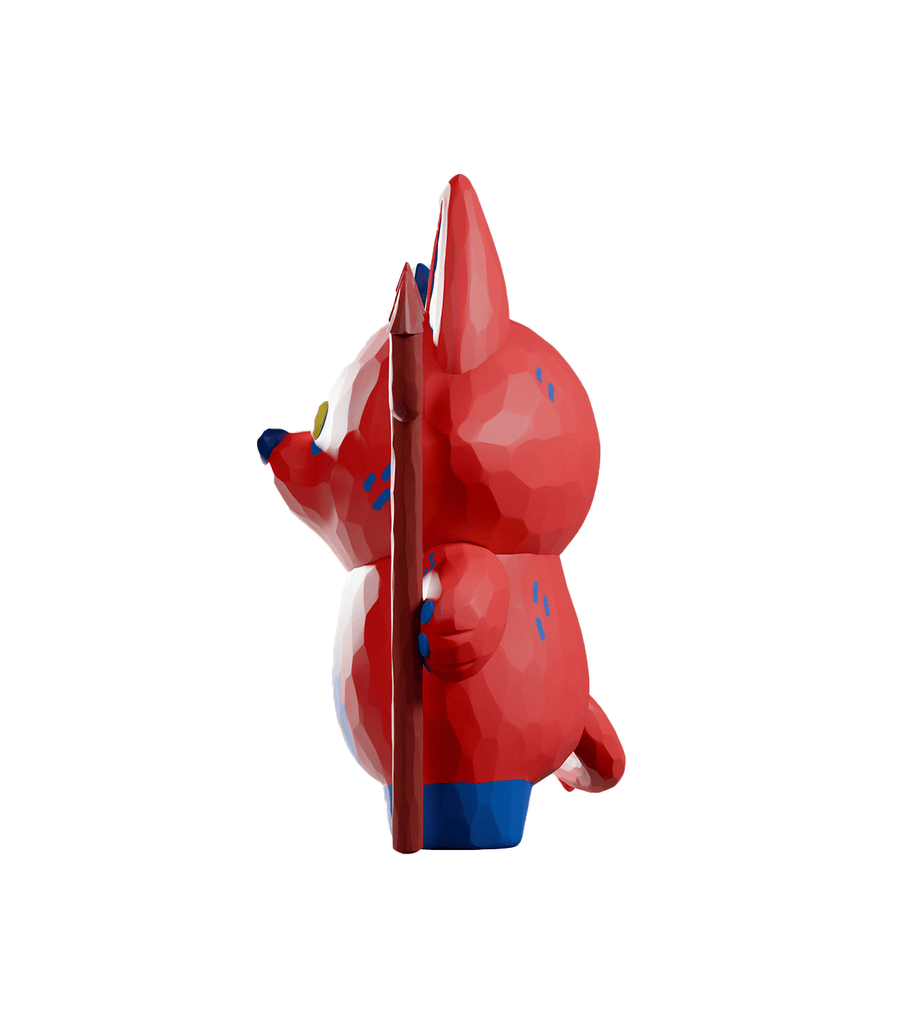 The Bubba Bad figurine by Kaleidos Creative features a red and blue low-poly cartoon animal, inspired by a devil dog toy, standing upright in side view against a white background.