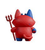 Bubba Bad by Kaleidos Creative is a red and blue cat-like figure holding a trident, inspired by devil dog toys, facing away from the viewer on a plain white background.
