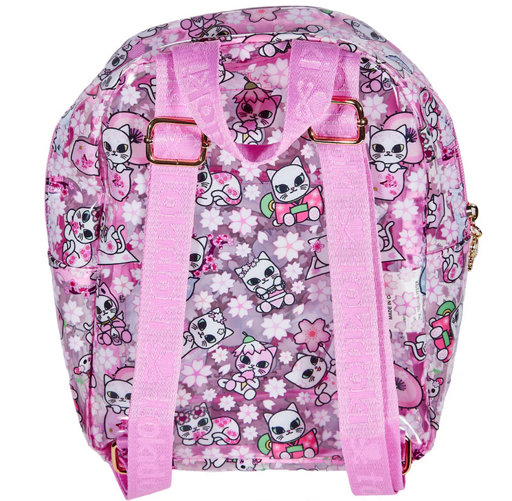 The Tokidoki Cherry Blossom Cats Clear Backpack by Tokidoki features adjustable straps and a playful pink pattern, making it perfect for your spring collection.