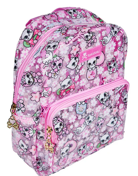 The Tokidoki Cherry Blossom Cats Clear Backpack by Tokidoki features a cat and cherry blossom print, two zippered compartments, and gold zipper pulls in a clear design from the spring collection.