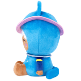 The Momiji Cosmic Kitty - Out of This World Large Plush sits side-on, sporting a purple hat, brown hands and feet, a white tuft of hair, and a smiling face on its blue, galactic-themed body.