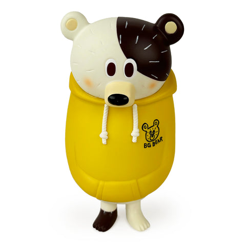 Cartoon bear figure in a yellow BG Bear Hoodie by How2Work (HK), showcasing a two-toned face and ears.