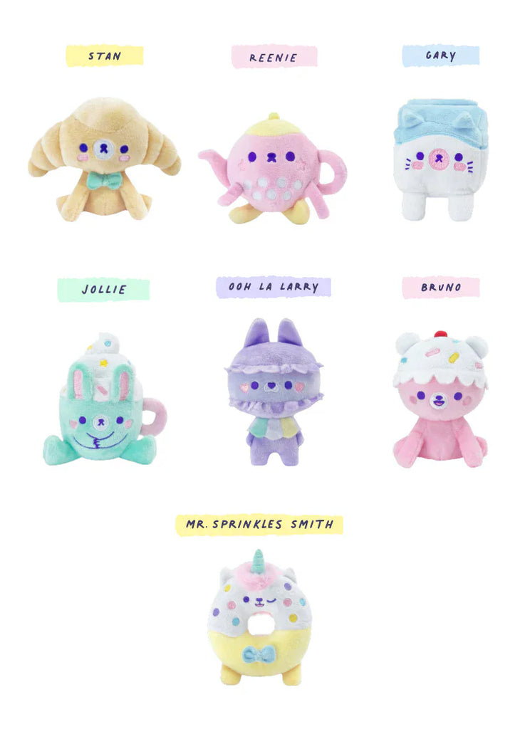 Seven adorable pastel plushies from the Momiji Cafe Momiji Blind Box—Stan, Reenie, Gary, Jollie, Ooh La Larry, Bruno, and Mr. Sprinkles Smith—make a perfect surprise collectible.