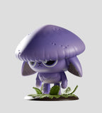 A Kaleidos Creative Capkins Series 1 Blind Box figurine—a purple character with a mushroom-shaped head and droopy ears—stands on green leaves, inspired by Fungi Forest, against a plain gray background.
