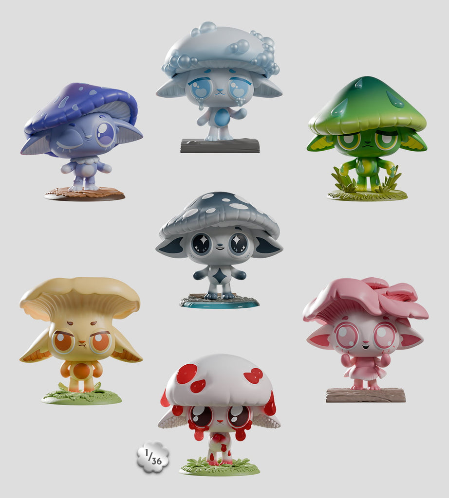 Seven colorful, mushroom-inspired Capkins — Series 2 Blind Box figurines by Kaleidos Creative, each with large eyes and unique designs, are displayed on a light gray background.