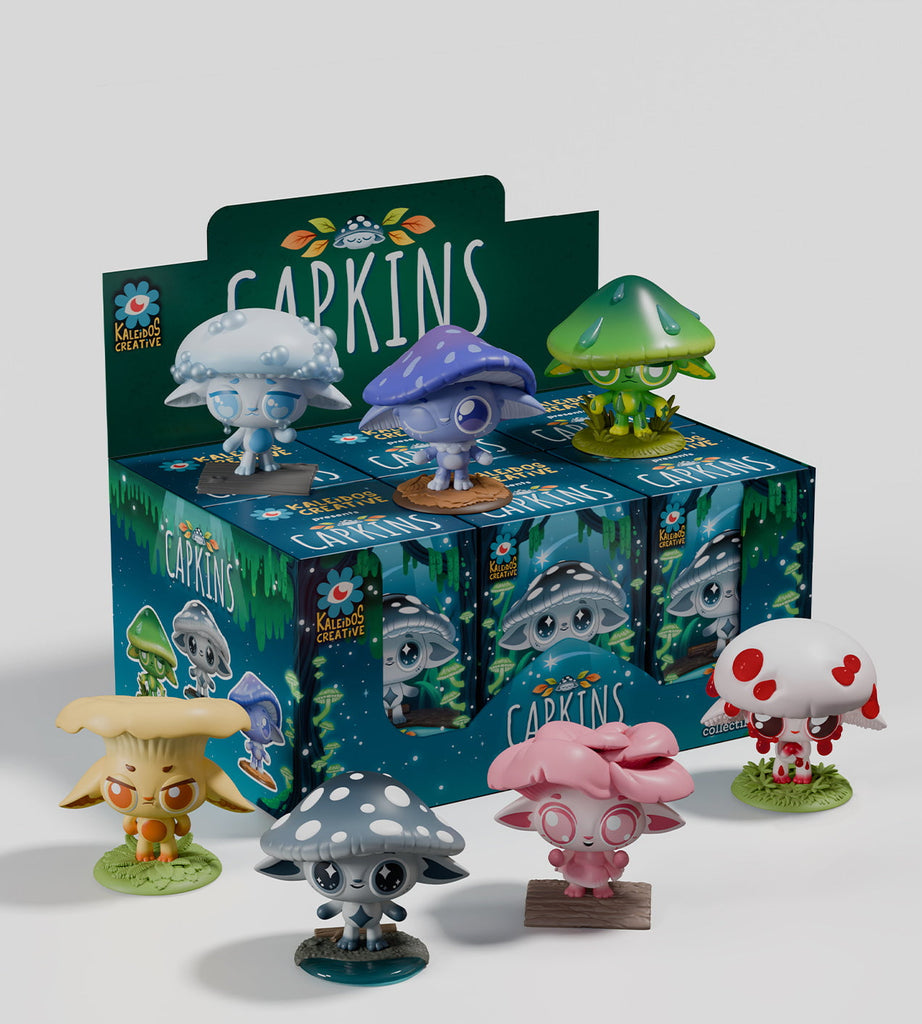 Seven vibrant mushroom-themed vinyl figures from Kaleidos Creative’s Capkins — Series 2 Blind Box encircle the branded box—ideal for fans of whimsical Fungi Forest collectibles and blind box surprises.