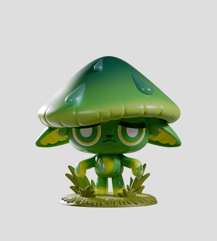 A whimsical green mushroom from the Kaleidos Creative Capkins — Series 2 Blind Box stands on grass with a large cap and droopy eyes, set against a plain gray background, evoking playful adventures in Fungi Forest.